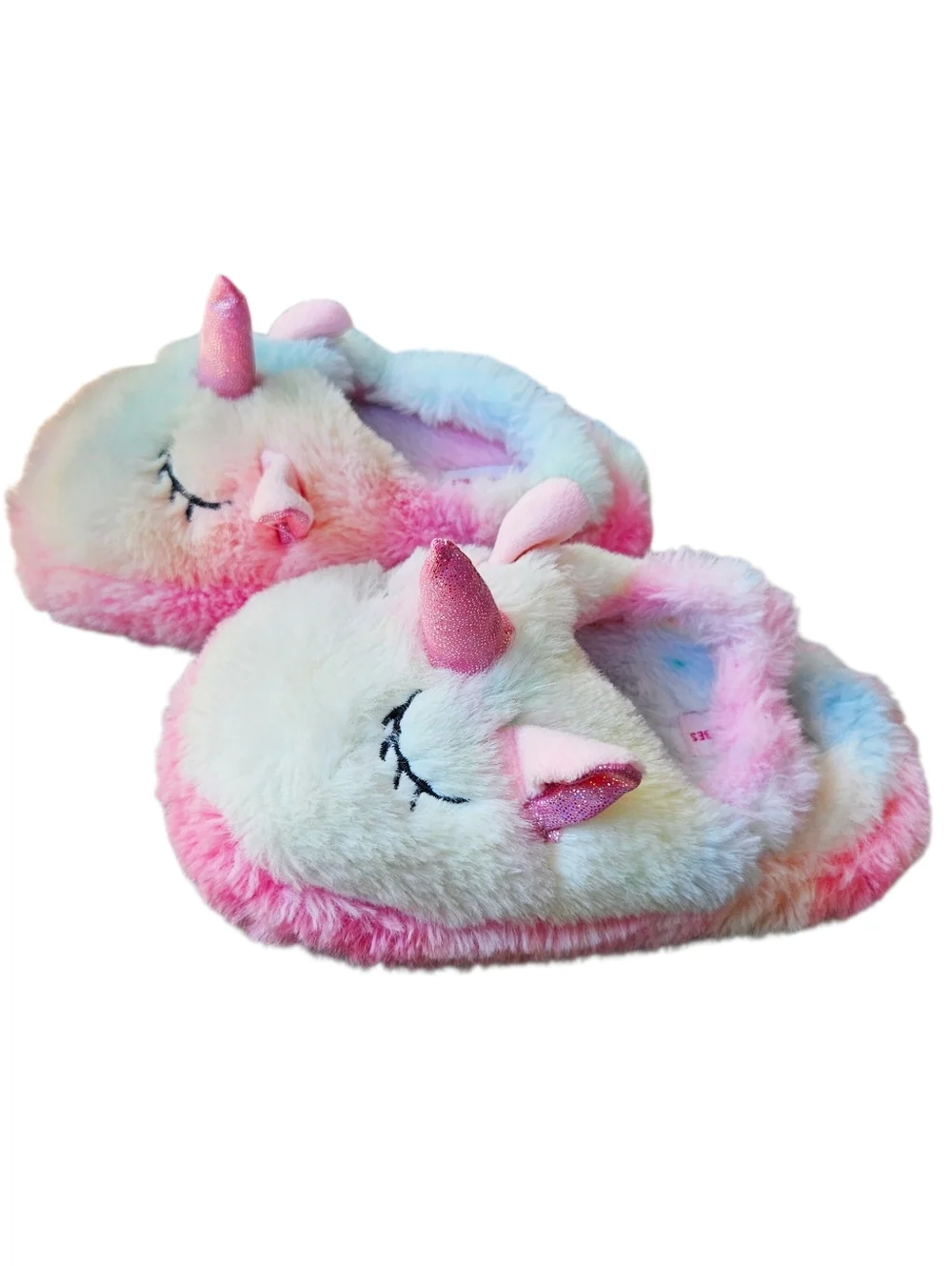 Magical Vibes Fluffy Faux Fur Rainbow Sparkly Unicorn Slippers Back Strap 9/10